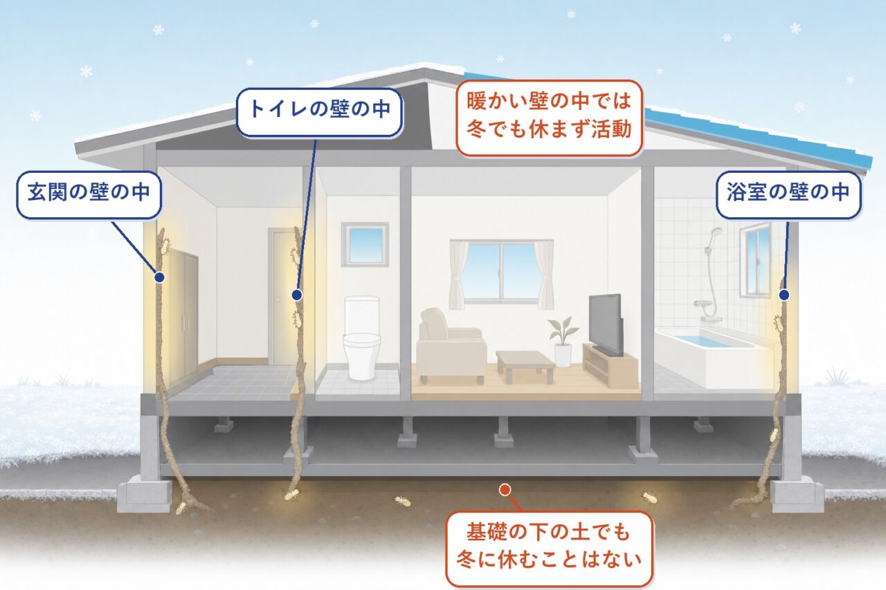 冬でも暖かい壁の中で活動するシロアリのイメージ図