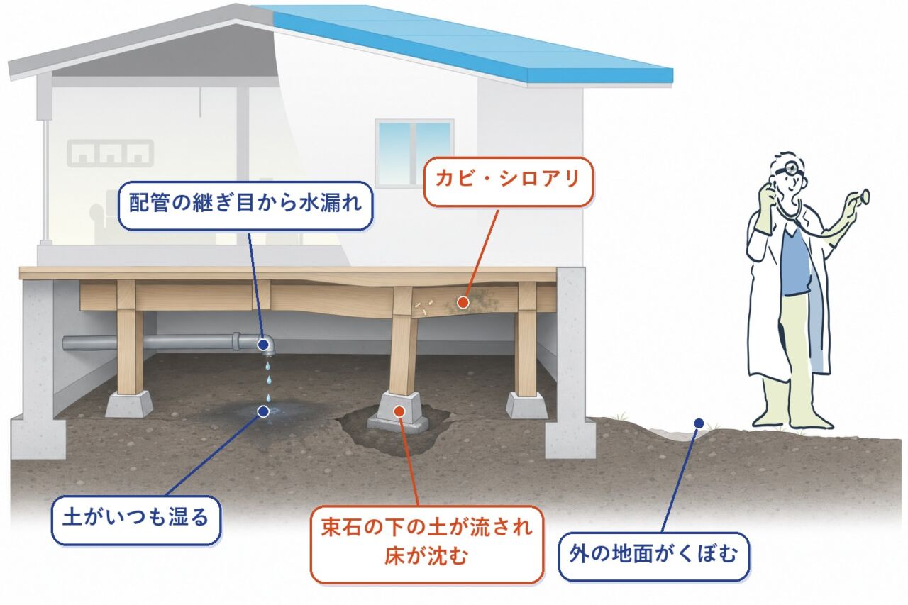床下の水漏れが地盤とシロアリに与える影響のイメージ図