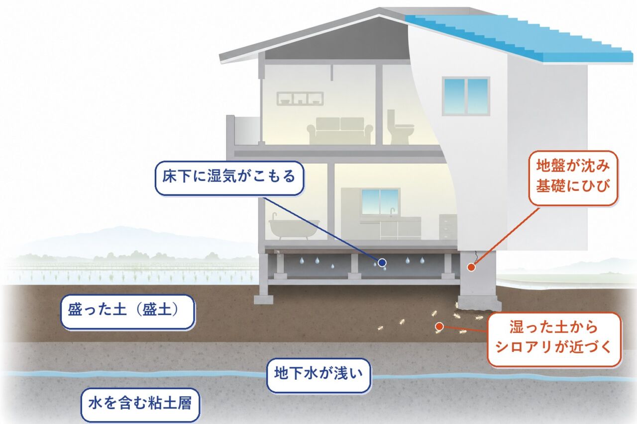 湿気がこもりやすい土地とシロアリの関係を示すイメージ図