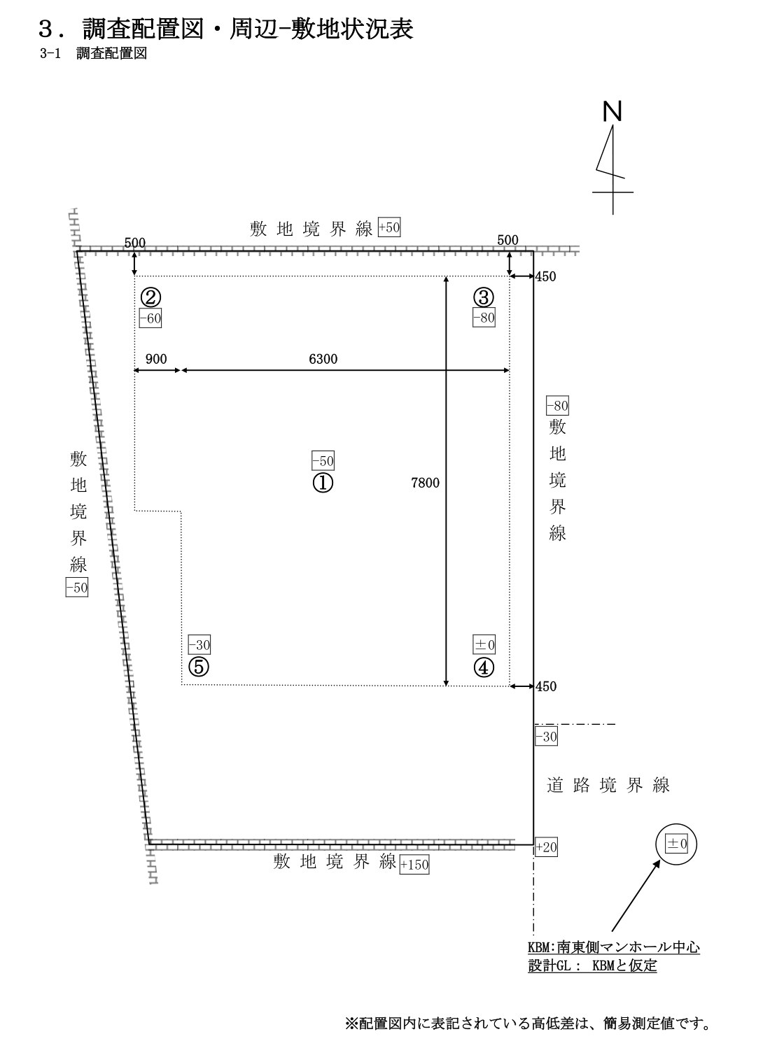 地盤調査報告書の調査配置図(5か所の測点)
