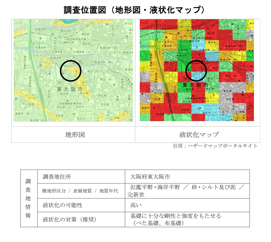 地盤調査報告書の調査位置図(地形図と液状化マップ)
