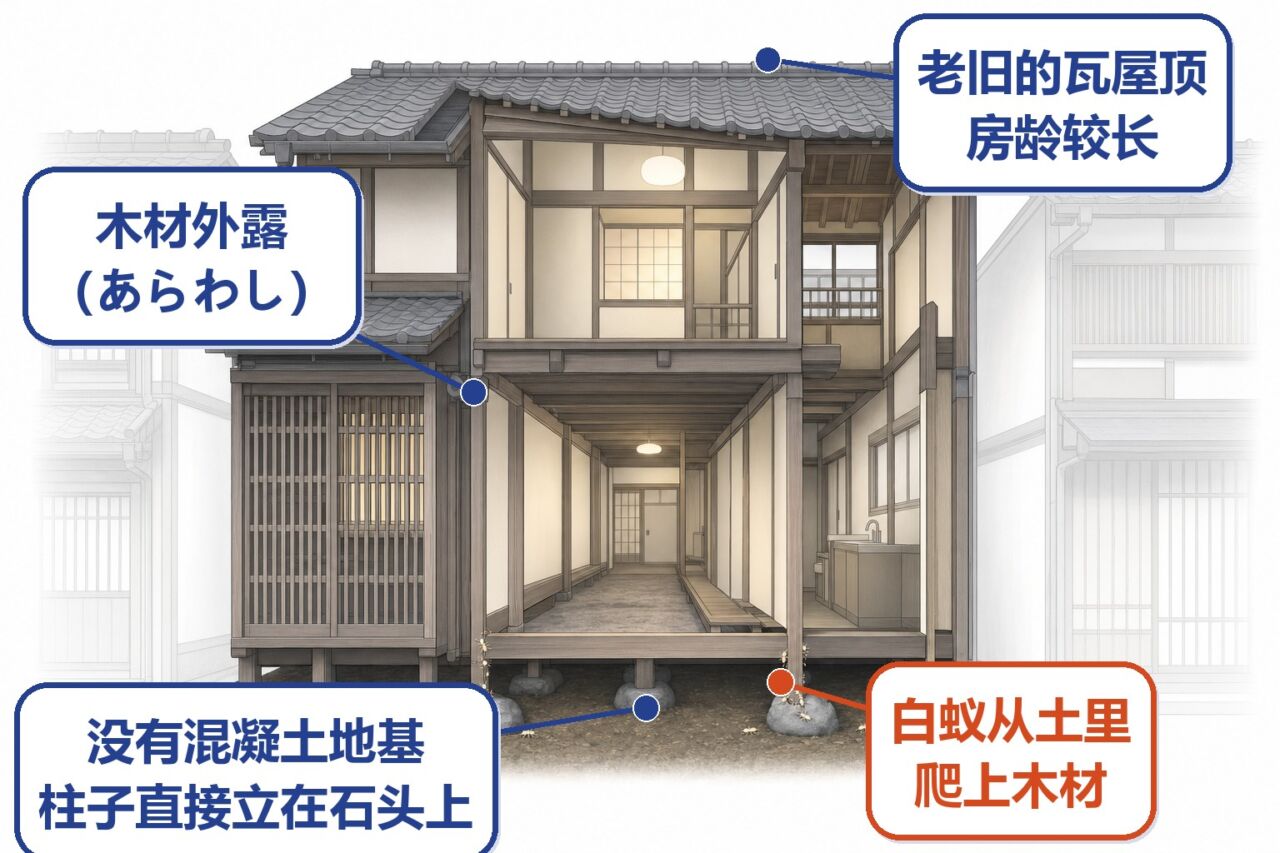 京町家结构示意图：没有混凝土地基、木材外露、白蚁从土里爬上木材