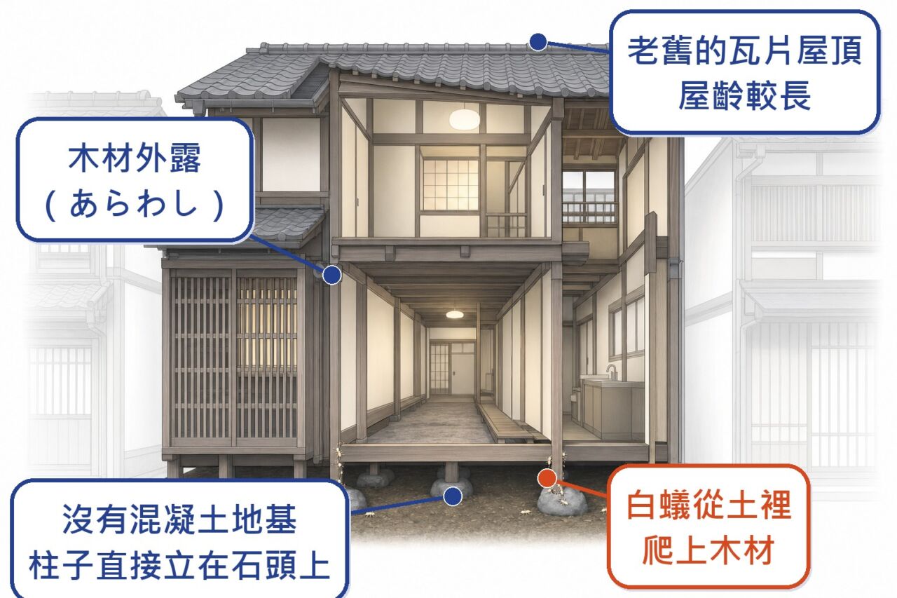 京町家結構示意圖:沒有混凝土地基、木材外露、白蟻從土裡爬上木材