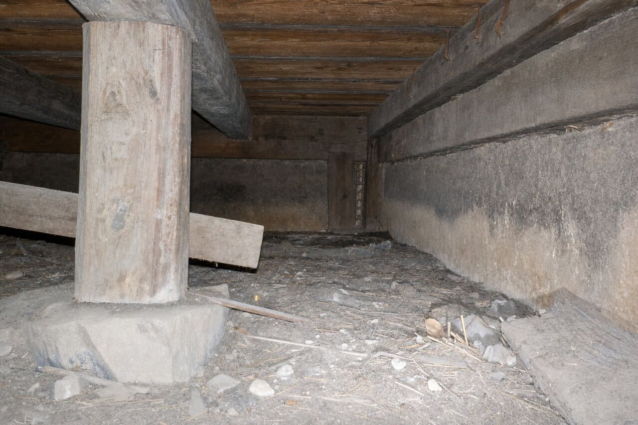 石の上に立つ柱(コンクリートの基礎がない古い木造建築)